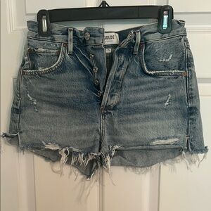Agolde Blue Jean Shorts with Distressed Raw Hem